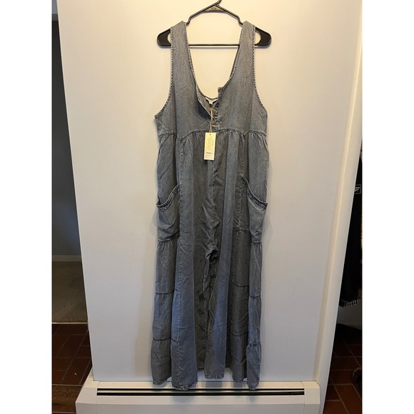 Blue Velvet Pants - Blue Velvet Acid Wash Tiered Wide Leg Jumpsuit Blue Sleeveless Henley Boho XL